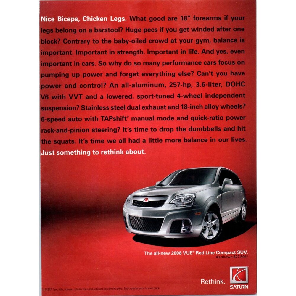 2008 Saturn Vue Red Line Compact SUV Vintage Print Ad Man Cave Wall Art